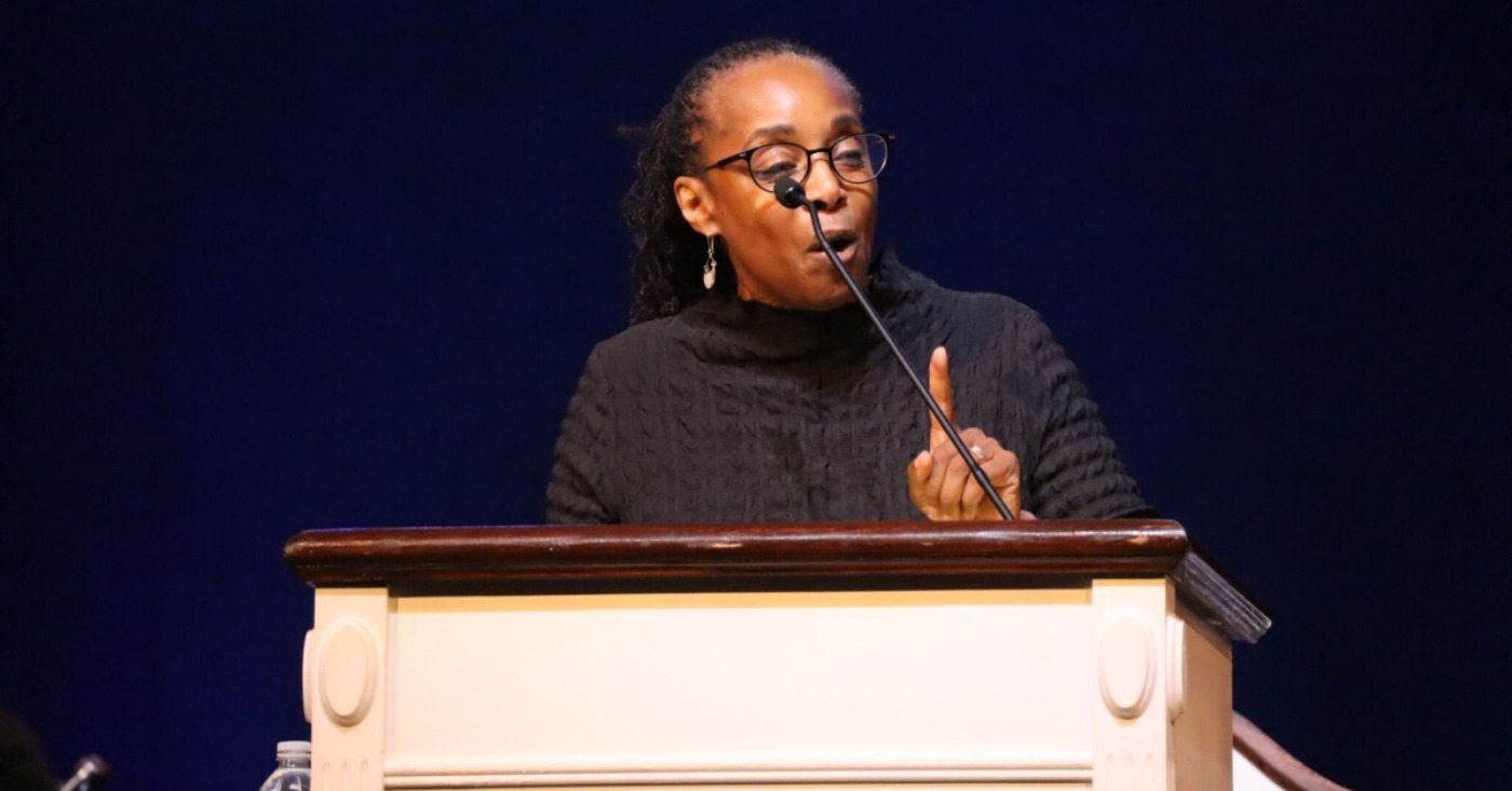 Rev. Judy Fentress-Williams speaks to the Howard community during a sermon titled “Think Small”, which aims to offer encouragement to young people to focus on their God-given assignments. (Tatiana Allen/HU News Service)
