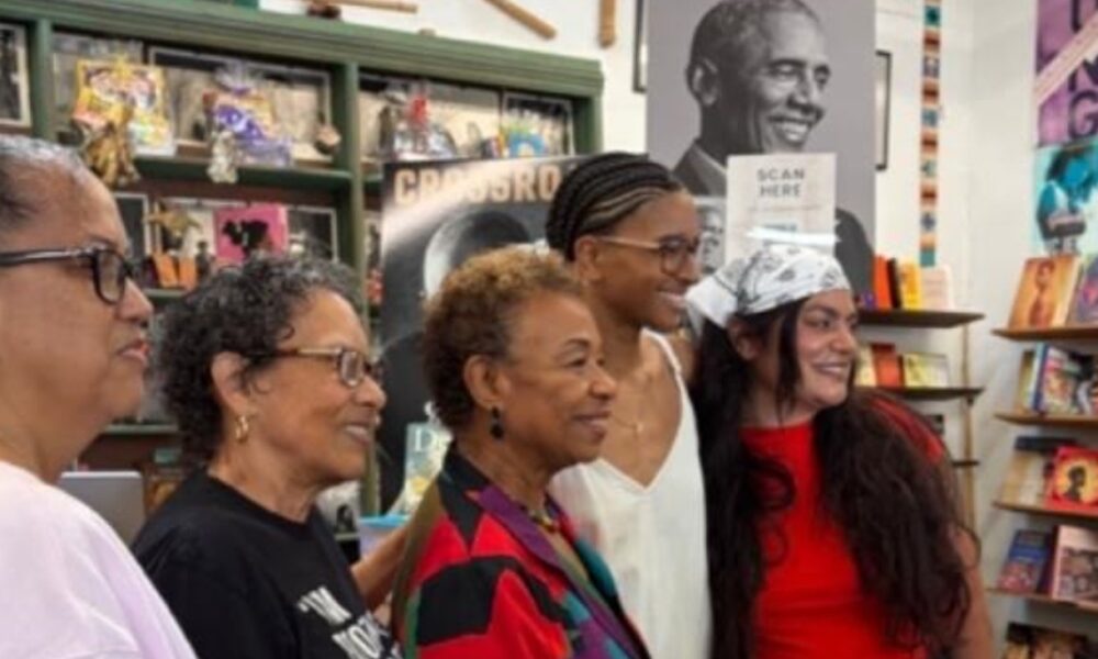 (L.to R.) Cherysse Calhoun and Blanche Richardson of Marcus Books join Oakland Mayor Barbara Lee with Indya McGuffin and Bean Tupou of Storyland Collective inside the store on Sept. 12. Courtesy photo.