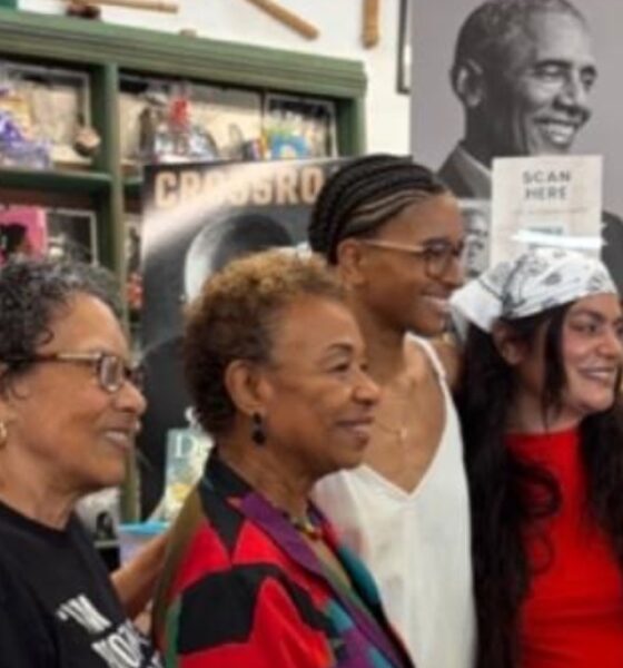 (L.to R.) Cherysse Calhoun and Blanche Richardson of Marcus Books join Oakland Mayor Barbara Lee with Indya McGuffin and Bean Tupou of Storyland Collective inside the store on Sept. 12. Courtesy photo.