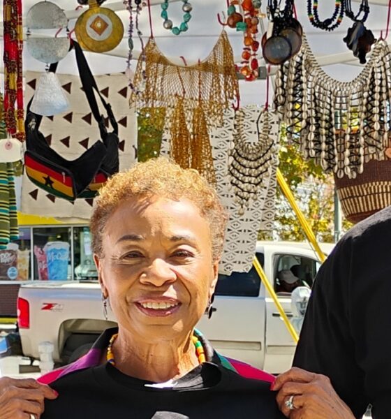 (L. to R.) Black-Eyed Pea Festival Director Wanda Ravernell with Barbara Lee and Winky Binky Dogs owner, Tyranny. Courtesy photo.