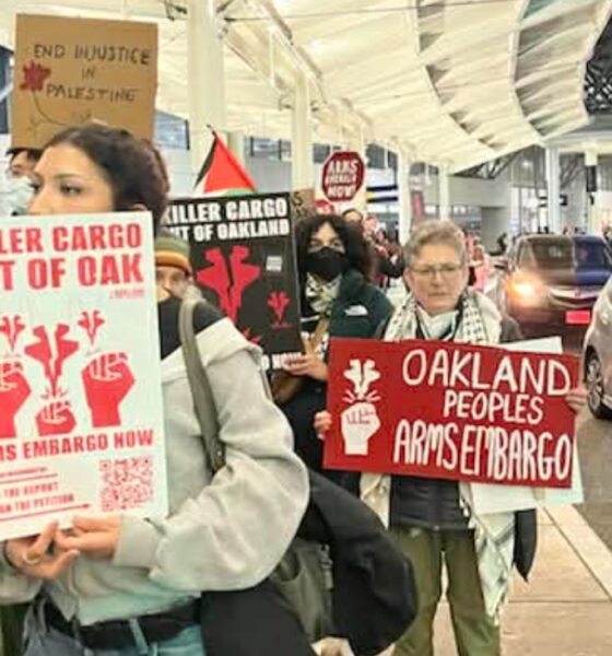 Demonstrators protest against arms shipments to Israel from Oakland International Airport. Photo courtesy of Palestinian Youth Movement.