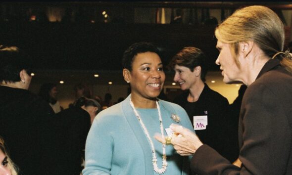 Barbara Lee greets longtime friend Gloria Steinem in undated photo. Facebook image.