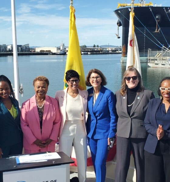 The U.S. Army Corps of Engineers (USACE) San Francisco District and the Port of Oakland commemorated the signing of the inaugural Design Agreement for the Oakland Harbor Turning Basins Widening Project during a ceremony aboard the USS Potomac at Jack London Square. (L-R) Major General Jason Kelly, USACE Deputy Commanding General for Civil and Emergency Operations, Oakland City Councilmember Carroll Fife D-3, Oakland Mayor Barbara Lee, Oakland Port Commission President Stephanie Dominguez Walton, Alameda Mayor Marilyn Ezzy Ashcraft, Port of Oakland Executive Director Kristi McKenney, U.S. Representative Congresswoman Lateefah Simon D-12, Lt. Col. Virginia Brickner, and commander of the USACE San Francisco District. Photo by Carla Thomas.