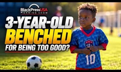 Split screen showing a young boy on a sports bench and a man sitting with two women, reflecting a controversial news story.