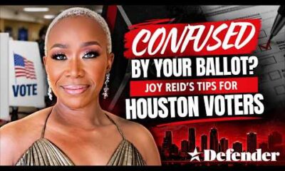 Joy Reid providing voting tips and explaining the Houston ballot in a studio setting for Houston Defender viewers.