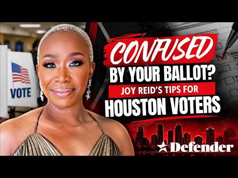 Joy Reid providing voting tips and explaining the Houston ballot in a studio setting for Houston Defender viewers.