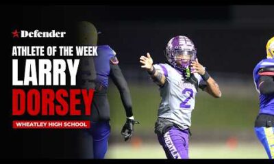 Larry Dorsey featured as the Houston Defender Athlete of the Week, wearing a sports jersey on a branded background.