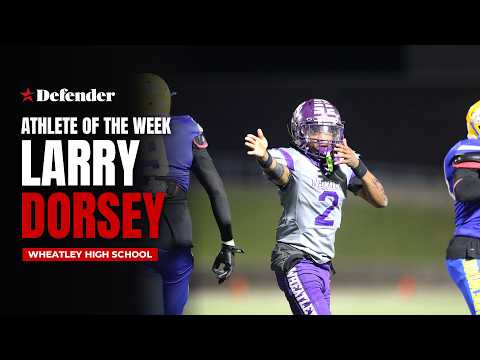 Larry Dorsey featured as the Houston Defender Athlete of the Week, wearing a sports jersey on a branded background.