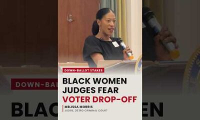 Black women judges in robes standing in a courtroom, overlay text about voter drop-off and down-ballot stakes.