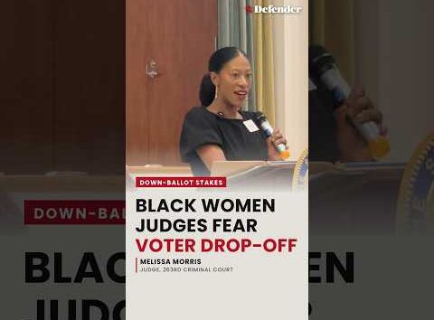 Black women judges in robes standing in a courtroom, overlay text about voter drop-off and down-ballot stakes.