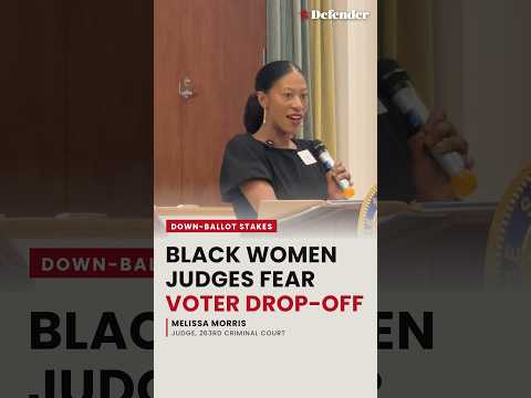 Black women judges in robes standing in a courtroom, overlay text about voter drop-off and down-ballot stakes.