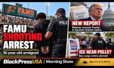 News anchor discussing FAMU shooting arrest, Trump campaign updates, and ICE activity near a Florida polling station.