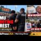 News anchor discussing FAMU shooting arrest, Trump campaign updates, and ICE activity near a Florida polling station.