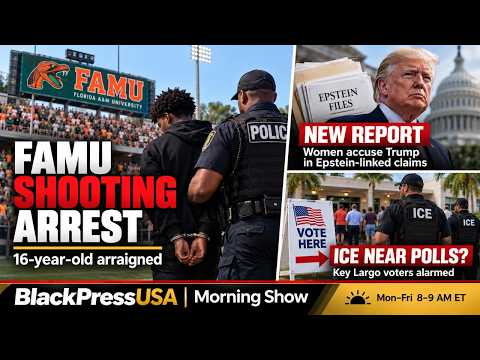 News anchor discussing FAMU shooting arrest, Trump campaign updates, and ICE activity near a Florida polling station.