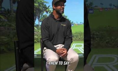 Two golfers walking and talking on a green course with text overlay: Golf Partnerships and Community Growth.