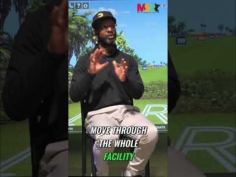 Person learning to golf on a lush green course with a friendly instructor, bright sunny day, outdoor golf setting.