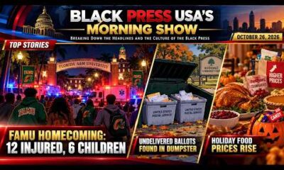 News graphic showing FAMU homecoming injury headlines, discarded ballot reports, and rising holiday cost inflation statistics.