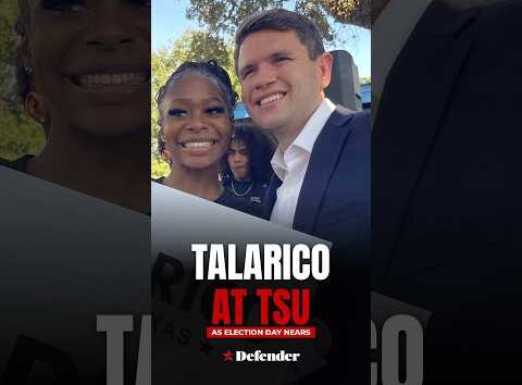 Texas State Representative James Talarico speaking at a podium during an event at Texas Southern University.