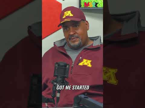 Gopher Sports podcast hosts recording in a studio with Minnesota Golden Gophers team gear and branding in the background.