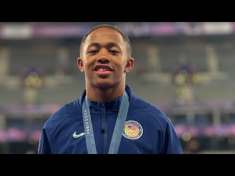 Quincy Wilson in a studio interview for the Washington Informer discussing his 2024 Olympic experience and UMD choice.
