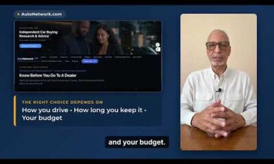 Split screen showing a new car being bought with a pen versus a car being leased with a contract for financial comparison.
