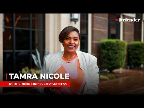 Tamra Nicole modeling a professional dress for success outfit during a Houston Defender Network interview segment.