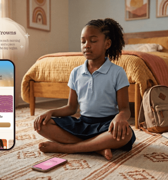 A young Black girl in a school uniform meditates on her bedroom floor beside a phone running the Bright Crowns app.