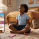 A young Black girl in a school uniform meditates on her bedroom floor beside a phone running the Bright Crowns app.
