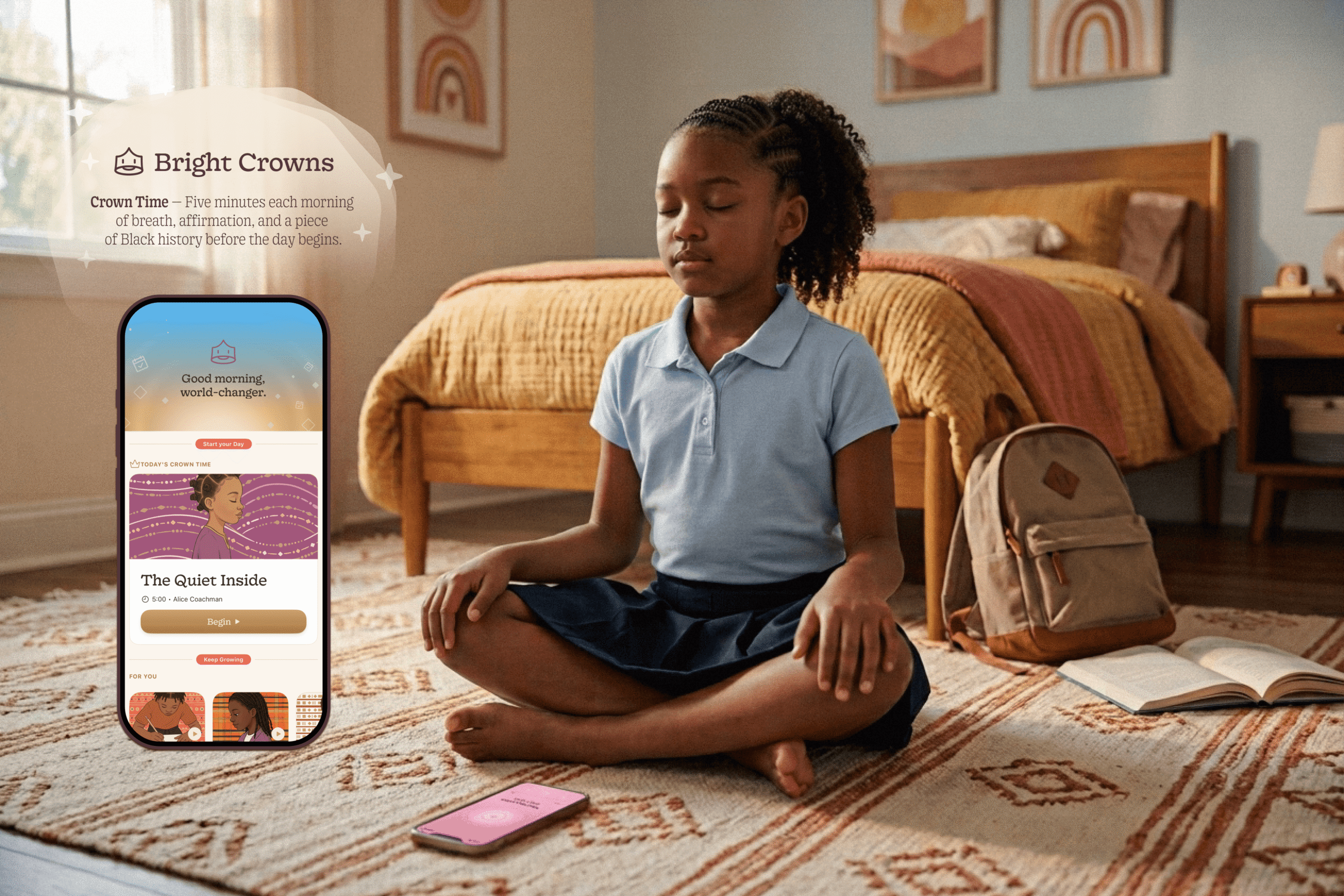 A young Black girl in a school uniform meditates on her bedroom floor beside a phone running the Bright Crowns app.