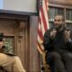 Kickstarter CEO Everette Taylor discusses entrepreneurship with Dean Kimberly Moffitt as the inaugural speaker of a new speaker series in the Cathy Hughes School of Communications. (Photo: Solomon Goins/HUNews Service.com)