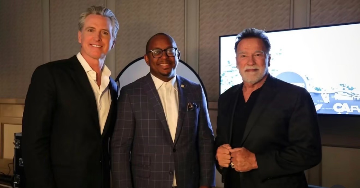 Gov. Gavin Newsom, Long Beach Mayor Rex Richardson and former California Governor Arnold Schwarzenegger. Photo courtesy of Gov. Newsom’s office.
