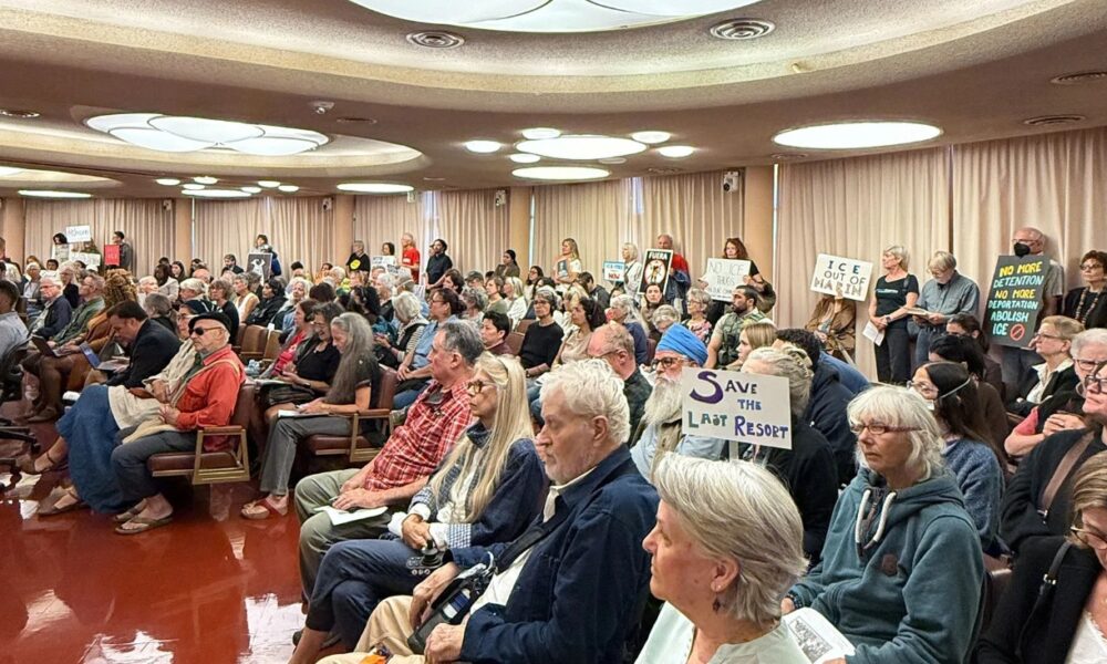 A crowd of over 100 supporters and members of the No ICE in Marin coalition gather in the chamber of the Marin County Board of Supervisors to speak in support of an Anti-ICE ordinance being discussed in San Rafael on Tuesday, Sept. 29. Courtney Sadowski via Bay City News.