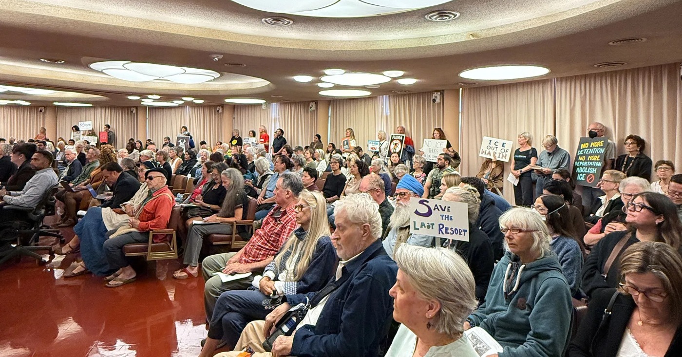 A crowd of over 100 supporters and members of the No ICE in Marin coalition gather in the chamber of the Marin County Board of Supervisors to speak in support of an Anti-ICE ordinance being discussed in San Rafael on Tuesday, Sept. 29. Courtney Sadowski via Bay City News.
